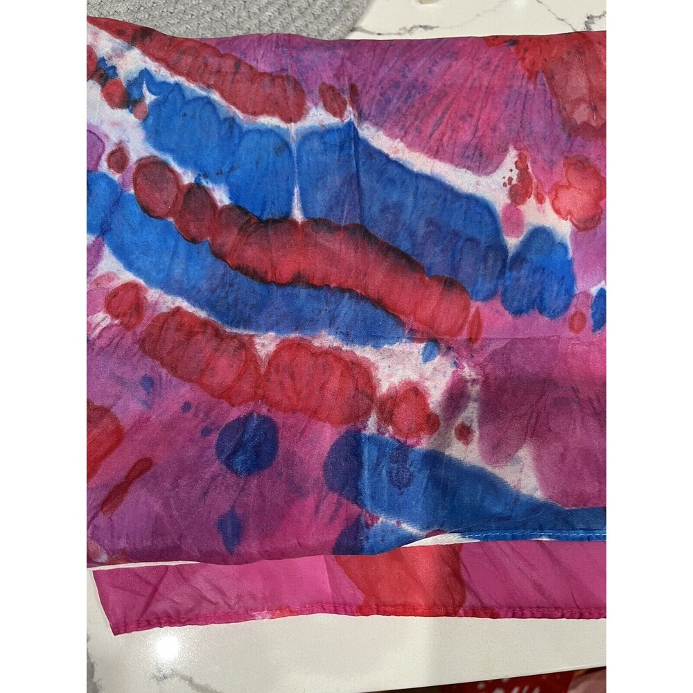 Vintage Tie Dye Hand Rolled Silk Scarf Blue Pink White Purple And Red